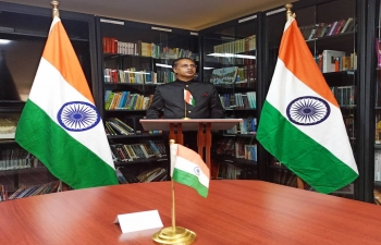 As part of Har Ghar Tiranga,  an event to celebrate the occasion was organized at the Embassy where Amb. Abhishek Singh, Teacher of Indian Culture Alok Bharti and Sh. Ram Krishan addressed the gathering and spoke about our National Flag in the spirit of the ongoing celebrations